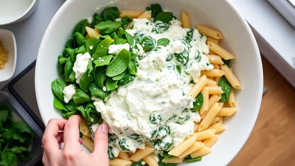 process: hands folding creamy ricotta mixture with spinach and cooked penne pasta in large white mixing bowl, natural daylight from window, close overhead angle, no text, professional kitchen setting