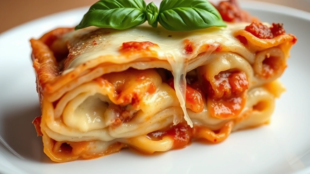 detail: close-up cross-section of baked pasta showing layers of creamy filling, pasta, and sauce, melted cheese pull, fresh basil leaf on top, macro photography, natural diffused light, no text, on white plate