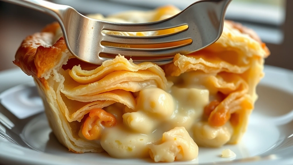 detail: close-up cross-section of baked pot pie showing multiple flaky golden layers of crust and creamy filling beneath, fork breaking through crust, photorealistic, natural window light, no text