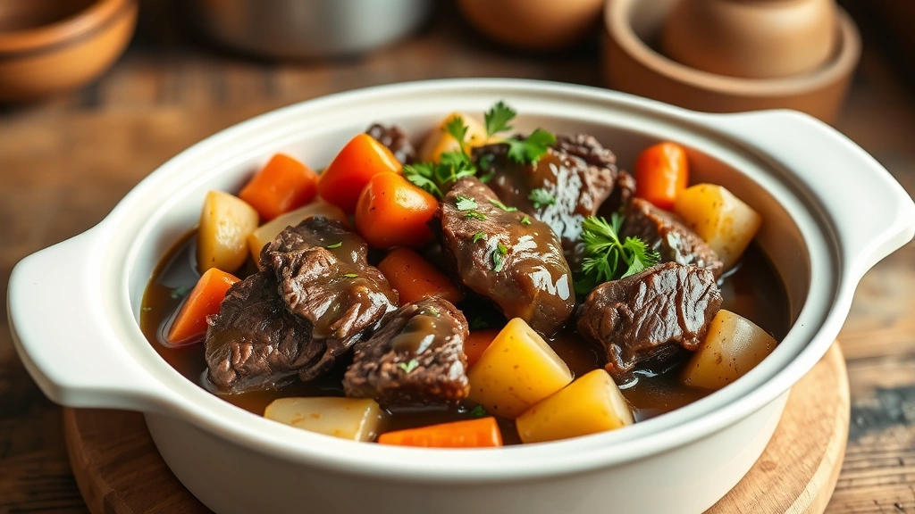 hero: finished Dutch oven pot roast in white ceramic dish, tender beef slices with carrots and potatoes, rich brown gravy, fresh parsley garnish, warm kitchen lighting, rustic wooden table background, photorealistic, natural light, no text