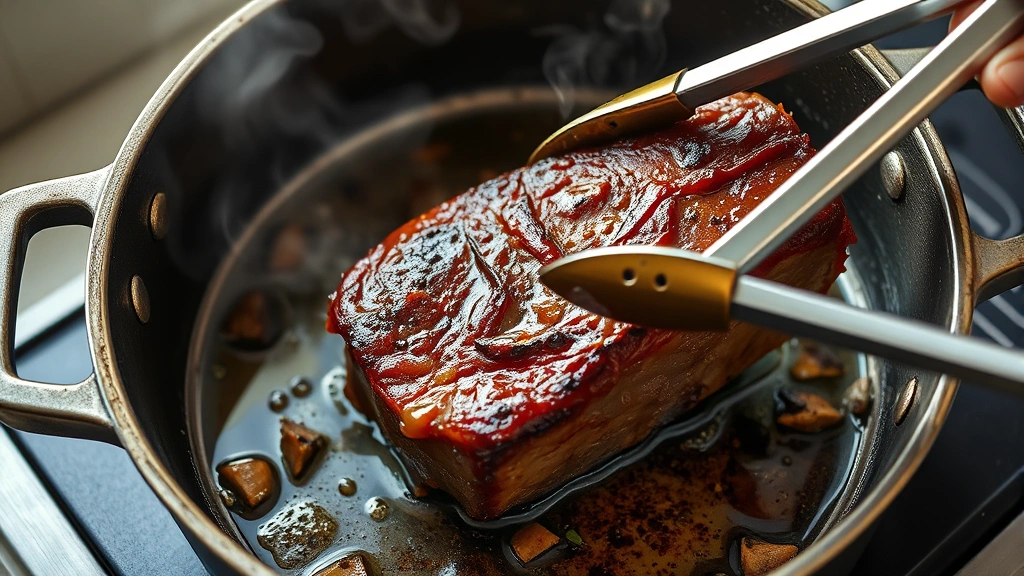 process: Dutch oven searing beef chuck roast, golden-brown crust forming, oil sizzling, steam rising, stainless steel tongs holding meat, photorealistic, natural light, no text