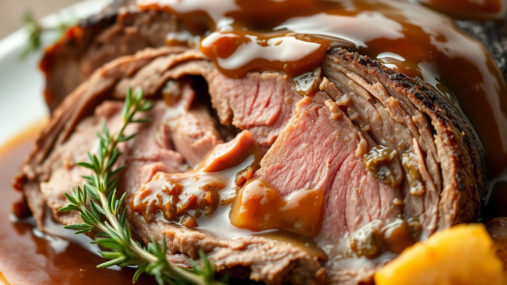 detail: close-up cross-section of sliced pot roast showing tender beef interior, roasted vegetables, glossy brown gravy coating, fresh thyme sprigs, photorealistic, natural light, no text