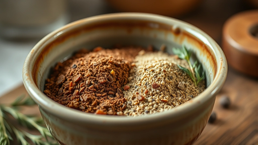 hero: rustic ceramic bowl filled with aromatic pot roast seasoning blend, dried herbs visible, warm kitchen lighting, shallow depth of field, no text