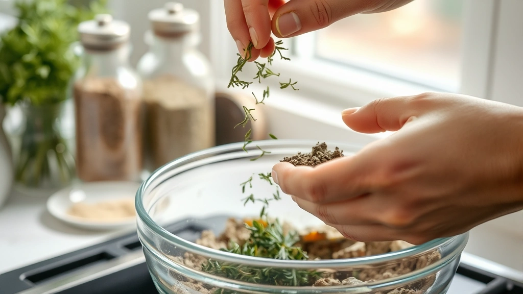 process: hands sprinkling dried rosemary and thyme into a mixing bowl, glass spice jars in background, natural window light, cooking in progress, no text