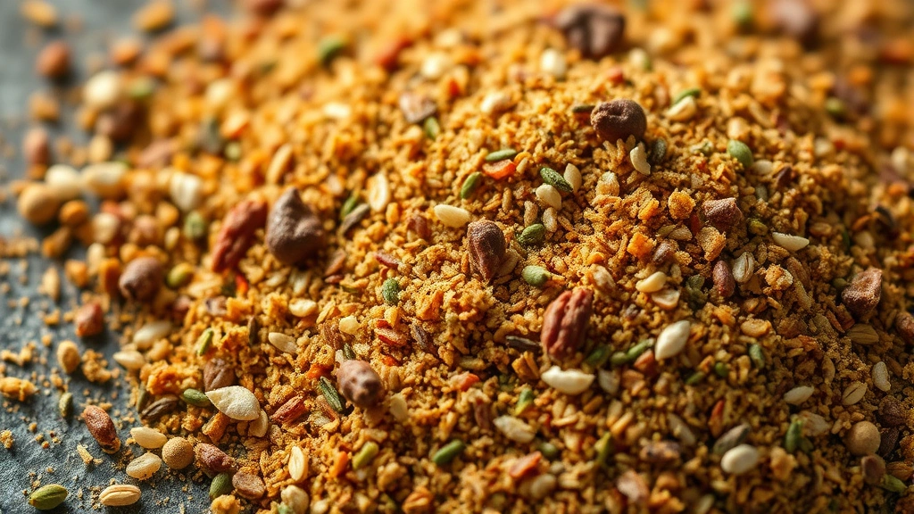 detail: extreme close-up of seasoning mixture showing individual herbs and spices, textured surface, macro photography, warm golden light, no text