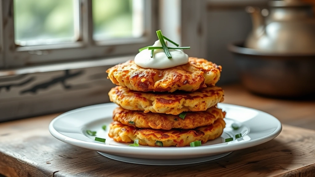 hero: golden crispy potato cakes stacked on a white plate with a dollop of sour cream and fresh chives, soft natural window light, rustic farmhouse setting, no text