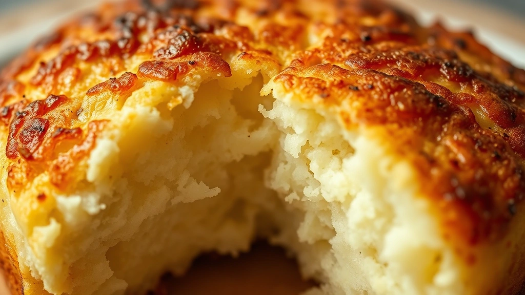 detail: close-up cross-section of a potato cake showing crispy golden exterior and creamy fluffy interior, macro photography, natural light, no text