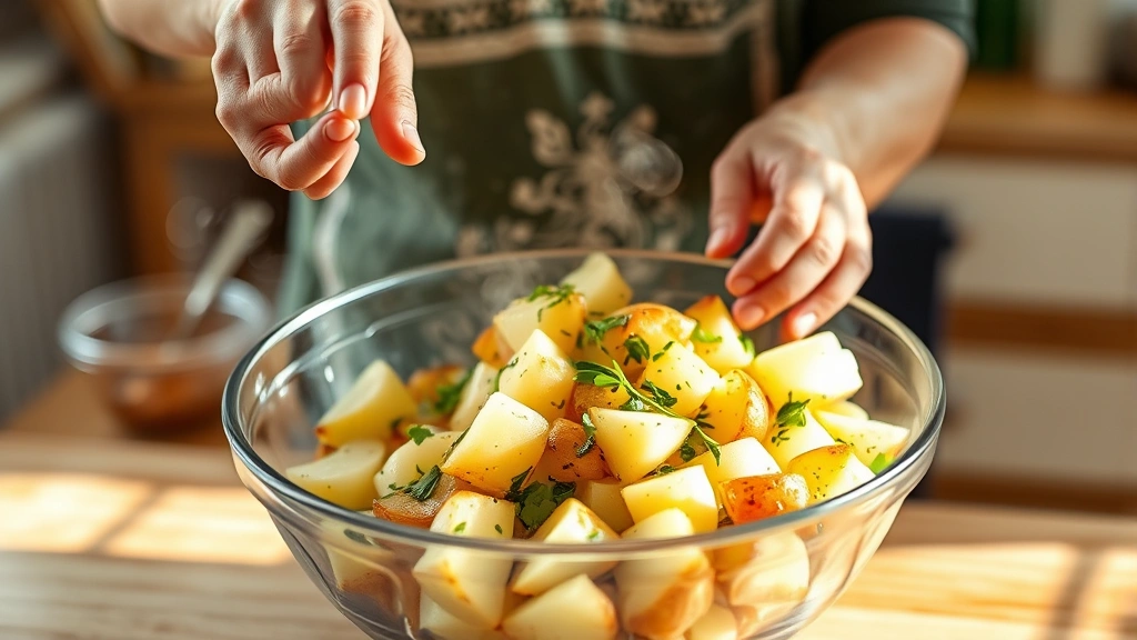 process: hands tossing warm potatoes with vinaigrette in large mixing bowl, steam visible, natural daylight kitchen setting, photorealistic, no text