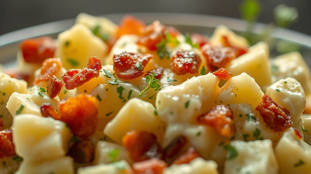 detail: close-up of potato salad showing creamy texture with herbs and crispy bacon bits, shallow depth of field, bright natural light, photorealistic, no text