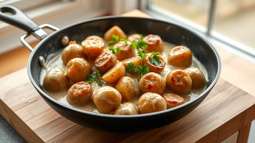 hero: finished potato sausage dish in a large skillet, creamy sauce coating golden sausage pieces and tender potatoes, fresh parsley garnish, warm natural window light, shallow depth of field, no text or watermarks