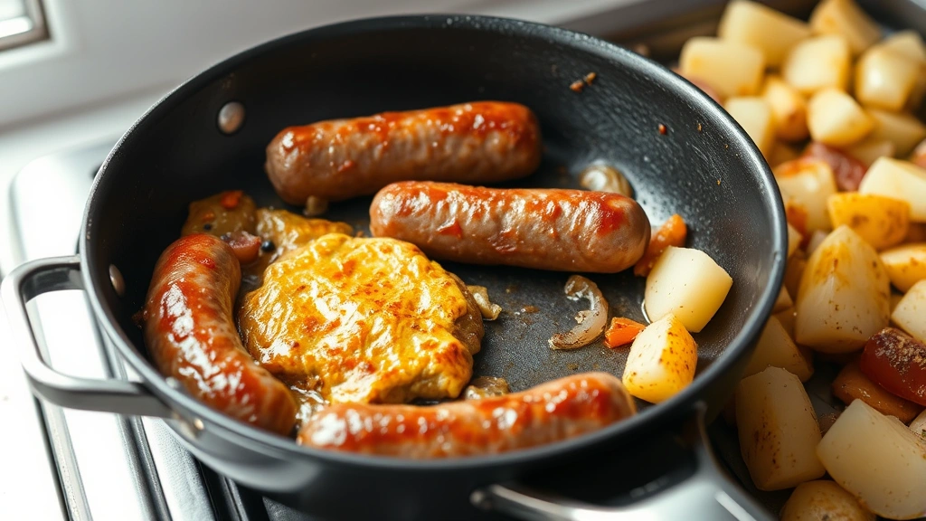 process: sausage browning in skillet with golden crust, potatoes cooking alongside, onions and peppers visible, mid-cooking stage, natural daylight from left, no text
