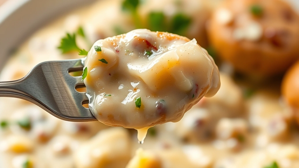 detail: close-up of fork picking up creamy potato sausage piece, sauce dripping, fresh parsley visible, Parmesan cheese shreds, warm backlighting, macro photography, no text