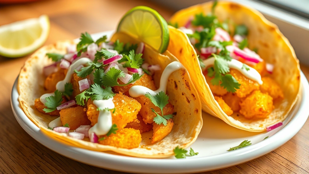 hero: golden crispy potato tacos on a white ceramic plate, topped with fresh cilantro, diced red onion, and lime wedges, Mexican crema drizzled artfully, warm corn tortillas, natural daylight from window, shallow depth of field, no text or watermarks