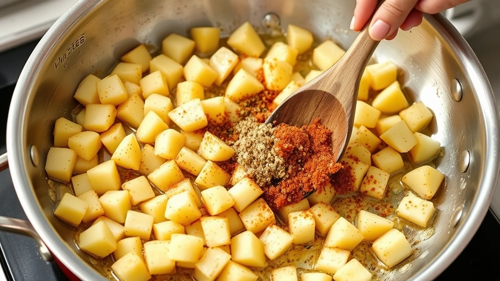 process: diced russet potatoes frying in a large stainless steel skillet with golden-brown edges, oil sizzling, spices being sprinkled over potatoes mid-cook, chef's hands holding wooden spoon, bright kitchen lighting, no text