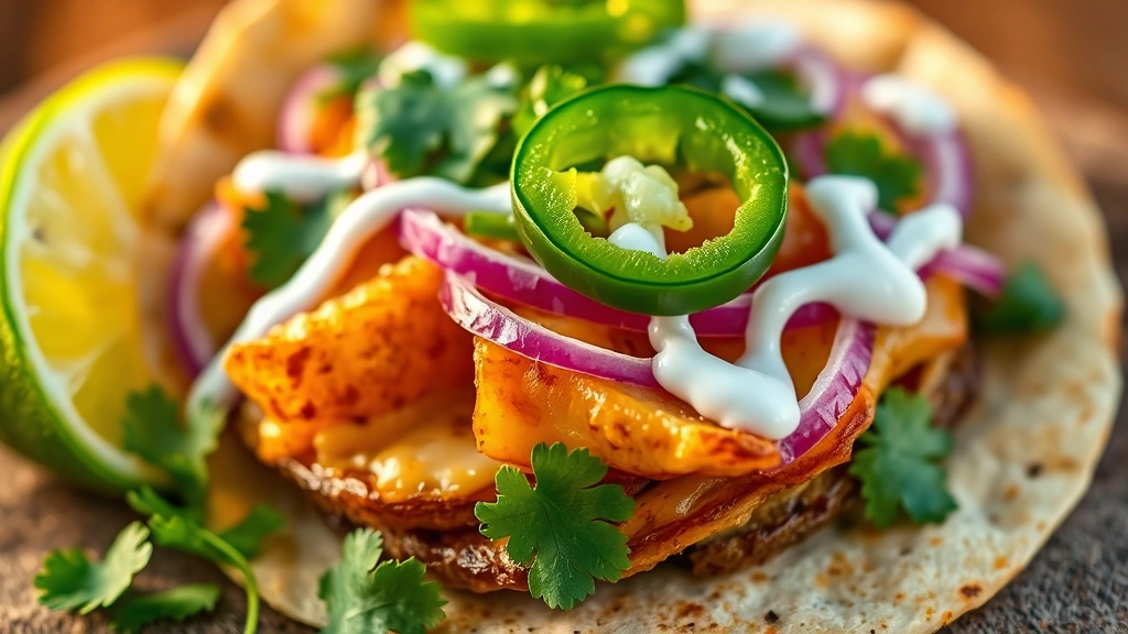 detail: close-up macro shot of single assembled potato taco showing layers of crispy potatoes, melted cheese, fresh cilantro leaves, red onion, jalapeño slices, and drizzle of white crema, lime wedge beside, warm golden hour lighting, no text