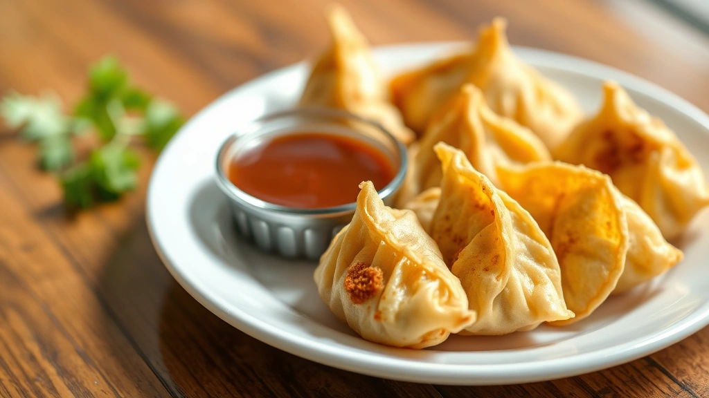 hero: golden crispy potstickers on white plate with dipping sauce, photorealistic, natural daylight, no text, shallow depth of field