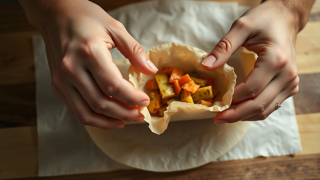 process: hands folding potsticker wrapper with filling visible, photorealistic, natural light from above, close action shot, no text