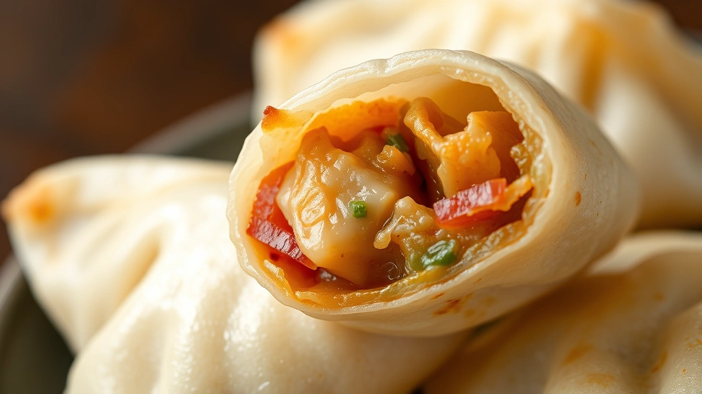 detail: cross-section of cooked potsticker showing tender wrapper and savory filling, photorealistic, macro photography, natural light, no text