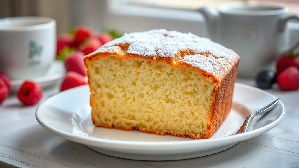 hero: freshly sliced cream cheese pound cake on white plate, golden brown exterior visible, dusted with powdered sugar, natural window light from side creating soft shadows, blurred background with fresh berries and tea cup, photorealistic, no text