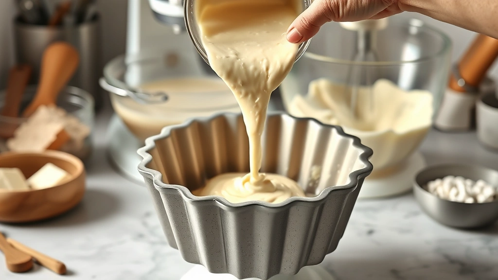 process: hand pouring batter into bundt pan, butter and cream cheese mixture visible in stand mixer bowl in background, kitchen counter setup with ingredients, natural daylight, photorealistic, no text