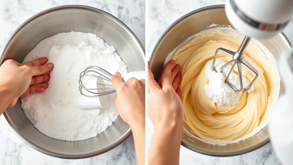 process: hands mixing powdered sugar and butter in stainless steel bowl with electric mixer, photorealistic, natural kitchen light, no text, showing smooth creamy texture