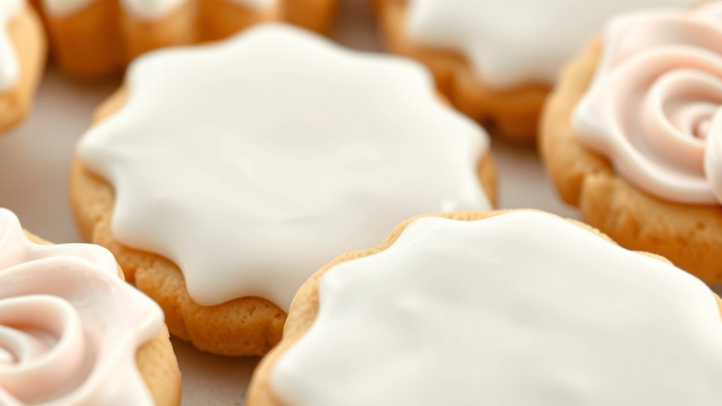 detail: close-up of perfectly piped icing borders on sugar cookies with smooth swirls and decorative details, photorealistic, natural light, no text, macro photography showing texture