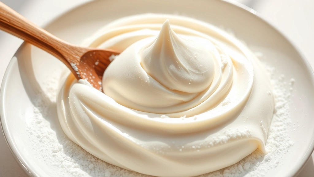 hero: smooth creamy powdered sugar frosting swirled on a white ceramic plate with a wooden spoon, bright natural sunlight, close-up shot, photorealistic, no text