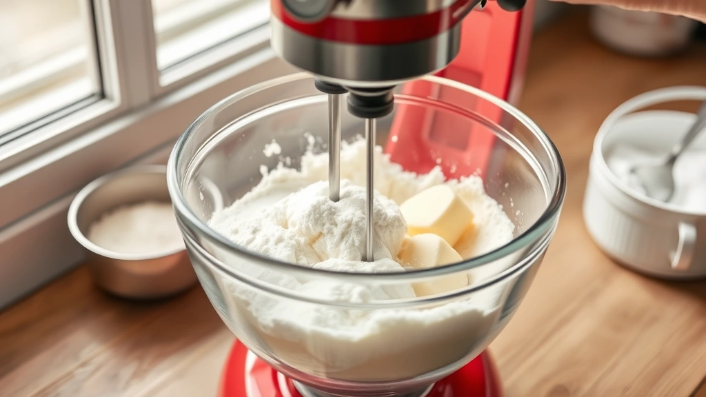 process: hand mixer beating fluffy butter in glass bowl with sifted powdered sugar visible, natural window light, mid-action shot, photorealistic, no text