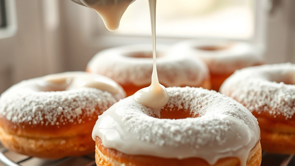hero: beautiful powdered sugar glaze being drizzled over fresh donuts, photorealistic, natural window light, close-up angle showing the glossy finish, no text