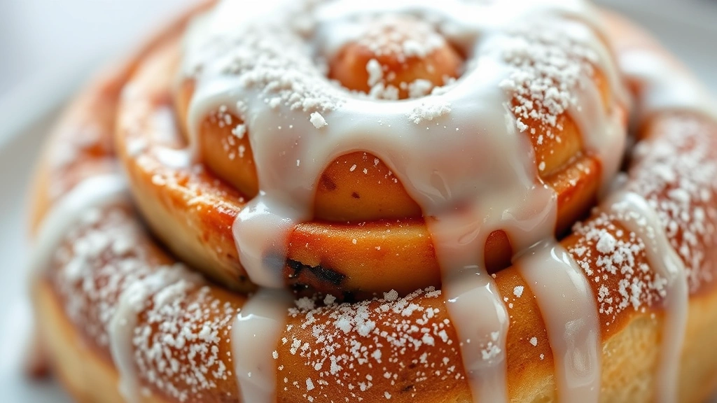 detail: extreme close-up of perfectly glazed cinnamon roll with powdered sugar glaze dripping down the sides, photorealistic, natural morning light, macro photography, no text