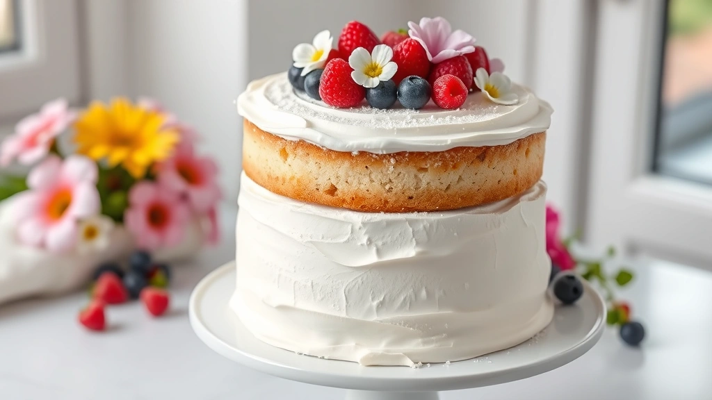 hero: beautifully frosted three-layer vanilla cake with smooth white powdered sugar icing, decorated with fresh berries and edible flowers, photorealistic, natural window light, no text, professional bakery styling