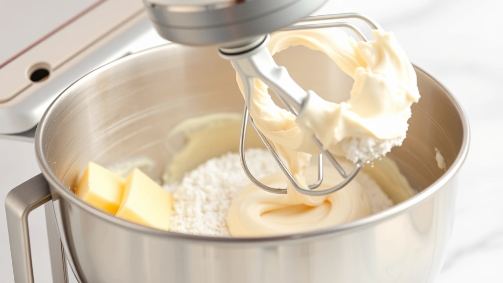 process: close-up of electric mixer beating butter and powdered sugar, smooth creamy frosting forming in stainless steel bowl, action shot, photorealistic, bright kitchen lighting, no text