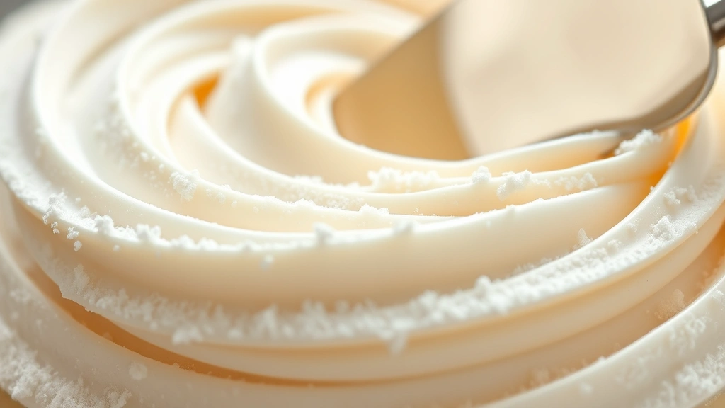 detail: extreme close-up of smooth powdered sugar icing texture, swirled with offset spatula showing glossy finish, photorealistic, soft natural light, shallow depth of field, no text