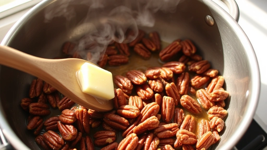 process: close-up action shot of wooden spoon stirring butter-coated pecans in stainless steel skillet over medium heat, golden caramel coating visible, steam rising gently, natural daylight through kitchen window