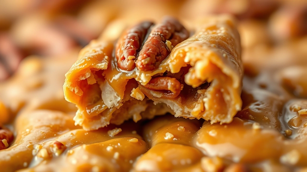 detail: close-up of broken praline crunch piece showing caramel coating and pecan interior, glossy finish, golden tones, photorealistic, macro photography with natural light, no text