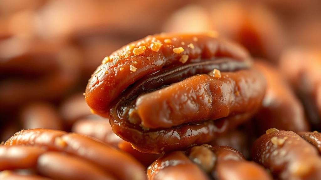 detail: macro photograph of individual praline crunch piece showing caramelized coating detail, glossy texture, whole pecan visible, shallow depth of field, warm golden lighting, artistic composition