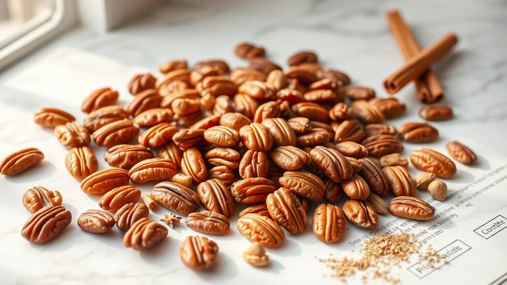hero: golden-brown praline pecans scattered on white marble surface, glossy caramel coating catching natural light, scattered cinnamon sticks and nutmeg nearby, bright window light from left, photorealistic, no text, magazine-quality styling