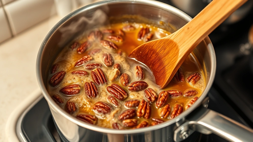 process: saucepan with bubbling caramel mixture at exact moment pecans are being stirred in, candy thermometer visible, wooden spoon mid-stir, steam rising, warm kitchen lighting, photorealistic, no text