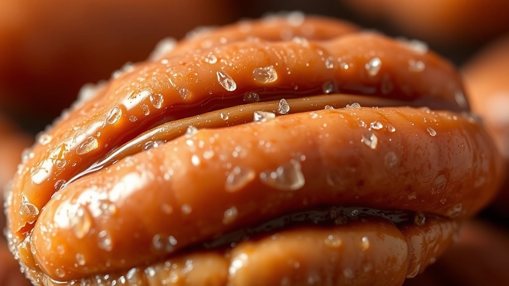 detail: close-up macro shot of individual praline pecan showing crystallized sugar coating with glossy highlights, pecan texture visible through coating, shallow depth of field, warm natural light, photorealistic, no text