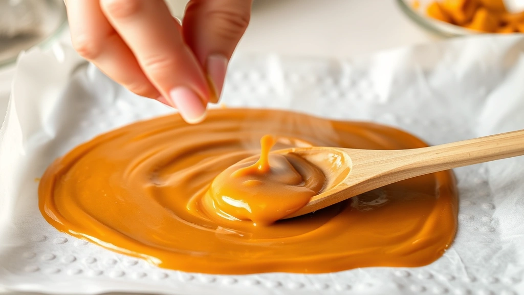 process: hand dropping praline mixture onto parchment sheet with wooden spoon, caramel-colored candy mixture, steam rising, natural kitchen lighting, action shot, in-progress appearance