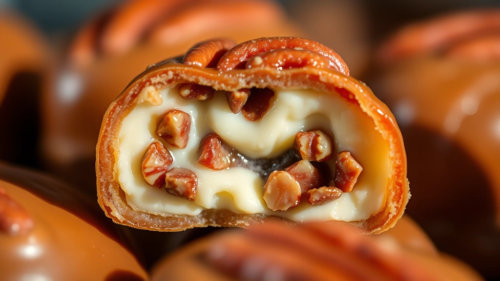 detail: close-up macro of single praline showing creamy interior with pecan pieces, caramelized exterior texture, natural light casting subtle shadows, appetizing detail photography