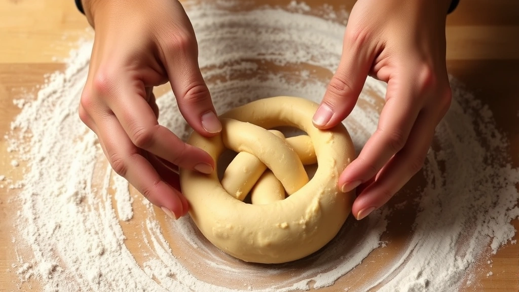 process: hands shaping pretzel dough into a ball on floured surface, warm lighting, close-up angle, no text or watermarks