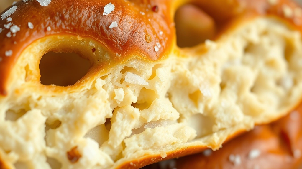 detail: close-up of a sliced pretzel bun showing the chewy interior and crispy exterior with salt crystals, natural daylight, no text or watermarks