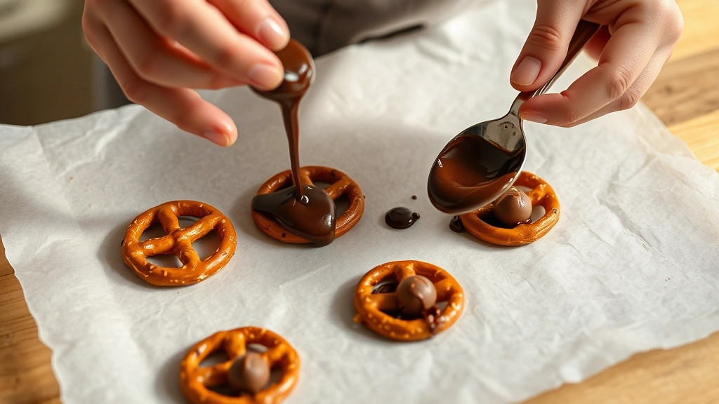 process: hands drizzling melted chocolate over pretzel and Rolo candy, in-progress assembly on parchment paper, melted chocolate in spoon, warm overhead natural lighting, artisanal home kitchen setting, no text