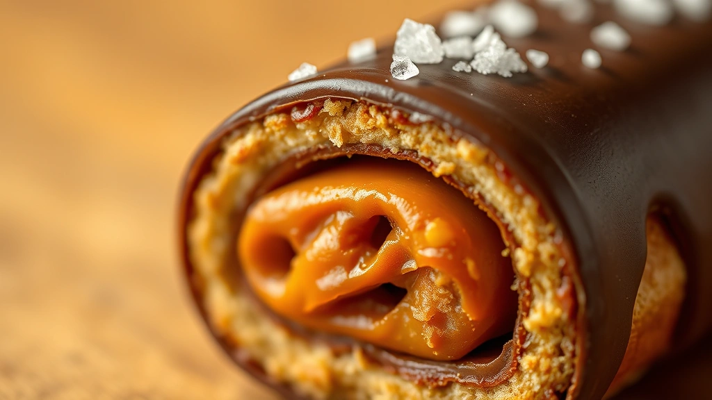 detail: close-up macro shot of single pretzel rolo showing layers of pretzel crunch, caramel, and chocolate coating, sea salt crystal visible on top, warm natural light with sharp focus on texture details, minimalist background, no text