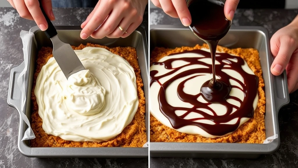 process: spreading cream cheese filling over pretzel crust in baking pan, hands visible, melted chocolate being drizzled, photorealistic, natural light, no text