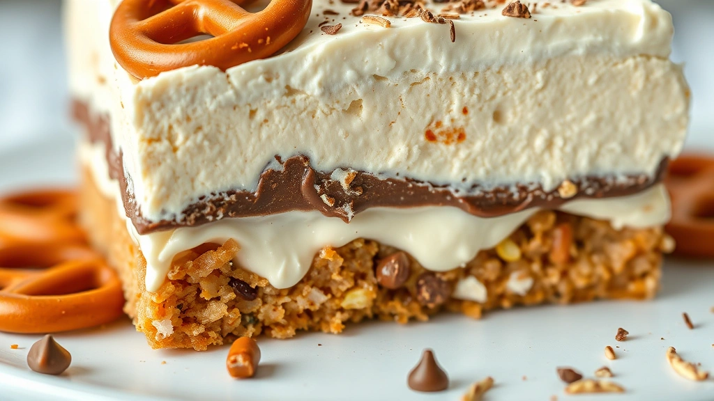 detail: close-up cross-section of pretzel salad showing all three layers - crunchy pretzel base, creamy middle, chocolate top with pretzel piece, photorealistic, natural light, no text