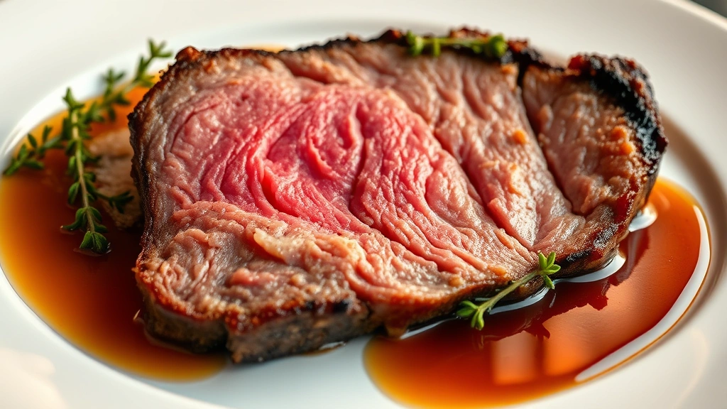 hero: perfectly sliced prime rib with pink center on white plate, golden crust visible, glossy au jus pooling beside meat, fresh thyme garnish, warm golden lighting, professional plating, close enough to see juice glistening