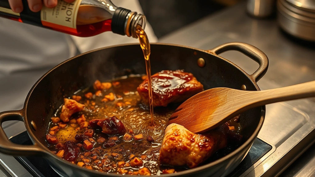 process: chef pouring deglazing wine into roasting pan with caramelized bits, steam rising, golden fond being scraped with wooden spoon, rich brown drippings, warm kitchen lighting, action shot mid-preparation