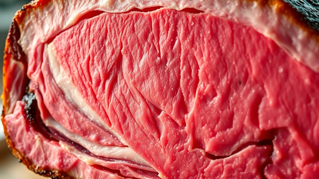 detail: macro close-up of prime rib cross-section showing perfect medium-rare pink center with golden brown crust, marbled fat visible, water droplets on surface, natural window light, shallow depth of field